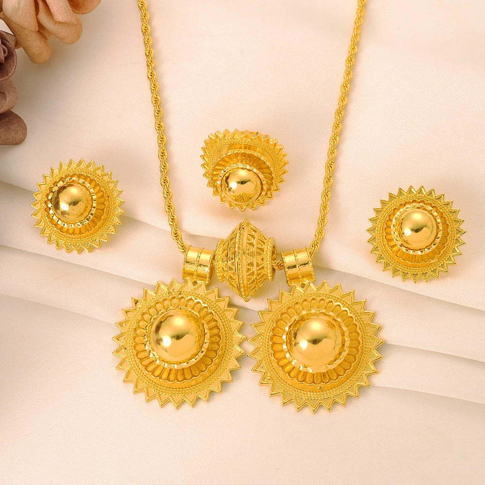 Gold Plated Fashion Ethiopian Big Size Earrings/2PCS Pendant/Ring Jewelry Sets Gold Plate Africa Bride Wedding Eritrea Set Gifts