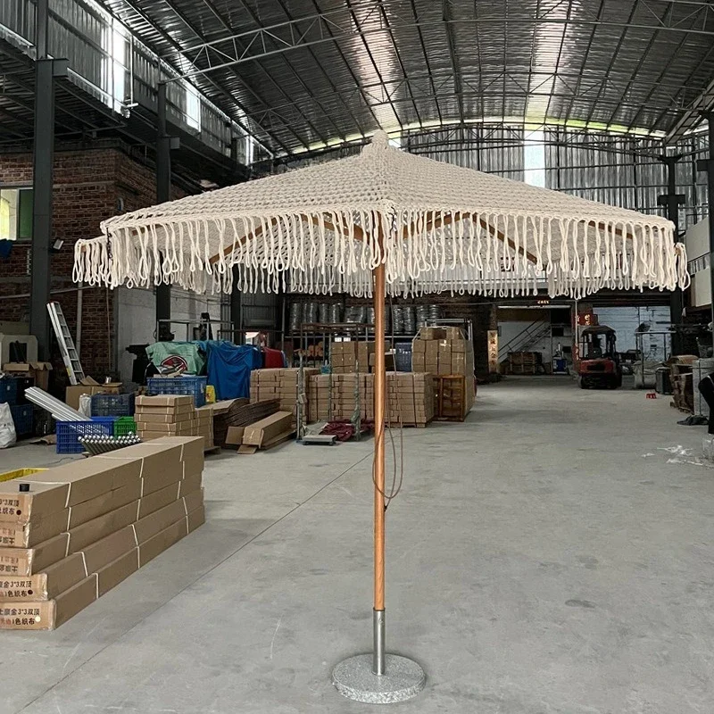 Outdoor garden decoration handmade cotton rope woven garden umbrella hollow braided rope sun umbrella net rope fringed beach
