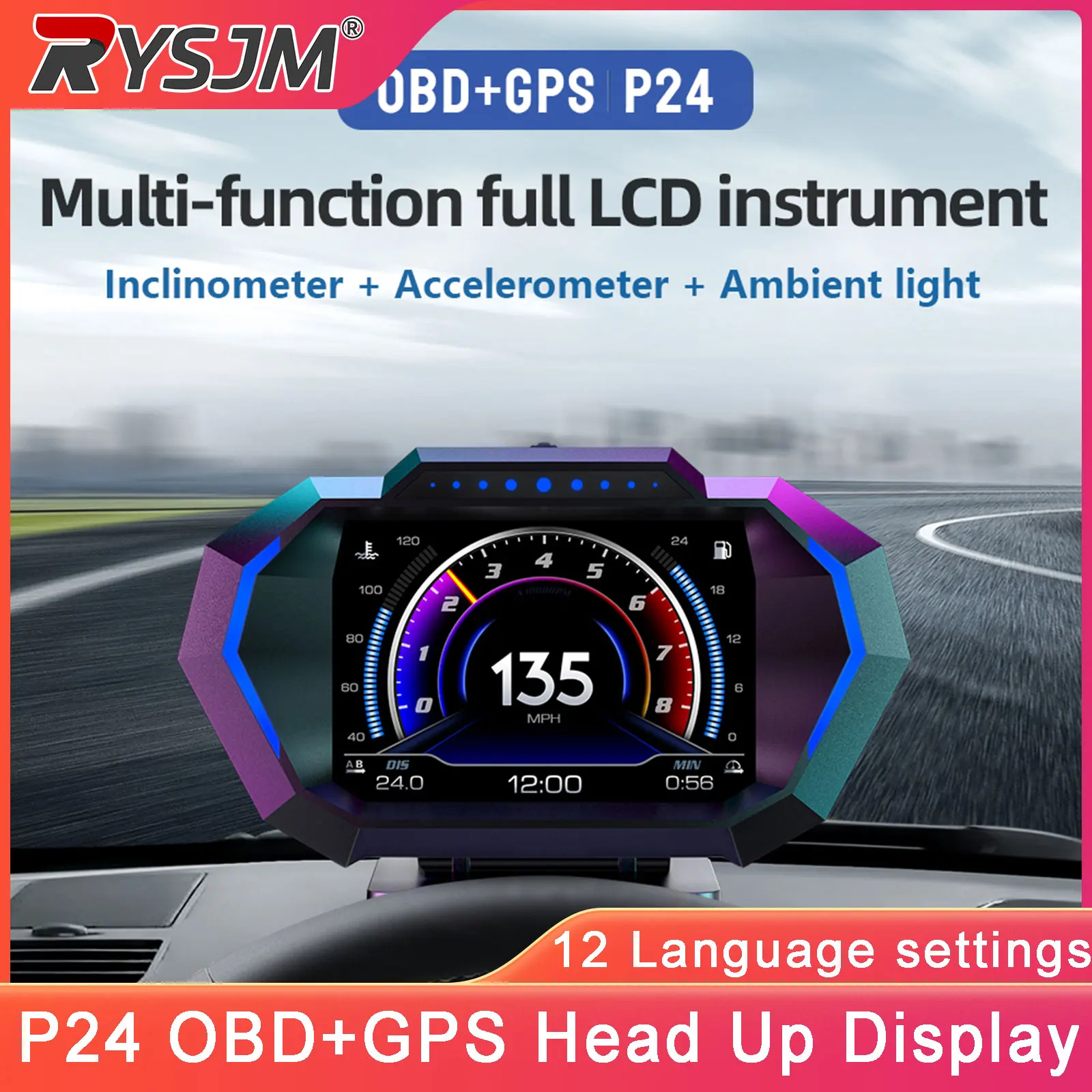 P24 Car OBD+GPS Head Up Display Dual System Smart Digital Meter Voltage Tacho Slope Meter Accelerometer Display Car Speedometer