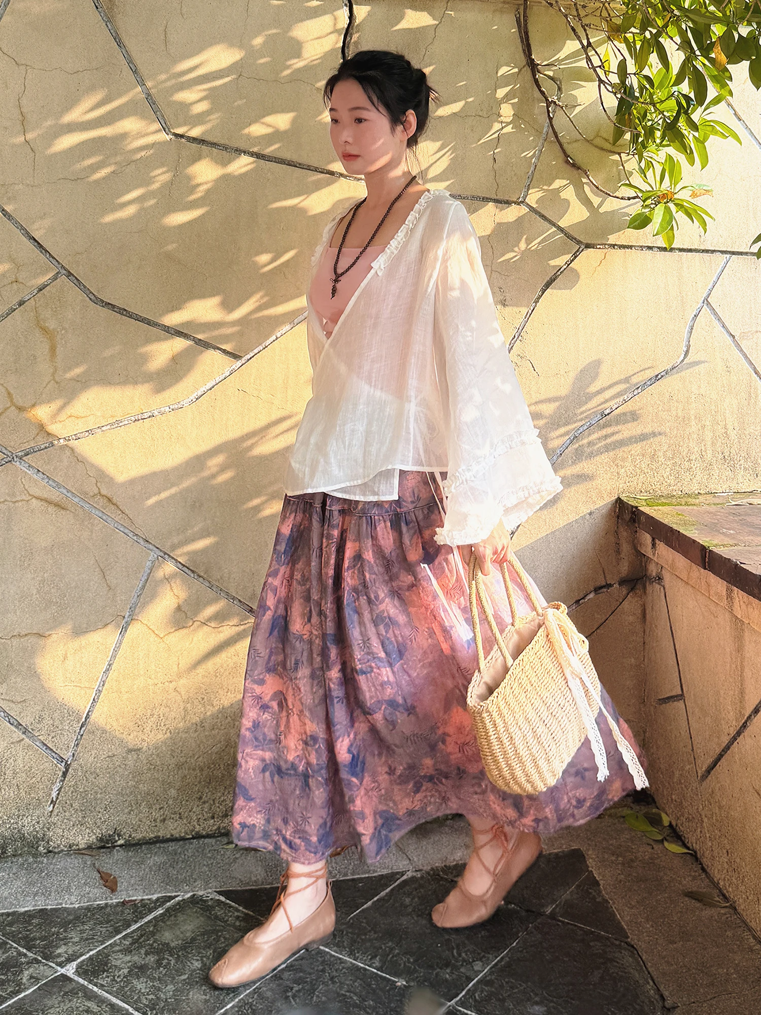 

QCyoye Original Handmade Artistic Vintage Silk f Skirt Le Printing Long Dr Women's Skin-friendly Breathable