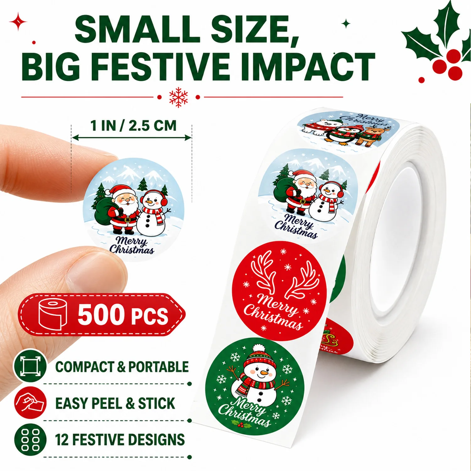 1Inch Round Christmas Stickers Roll 500Pcs Merry Christmas Santa Snowman Gift Sealing Labels Xmas Package Decor Stickers