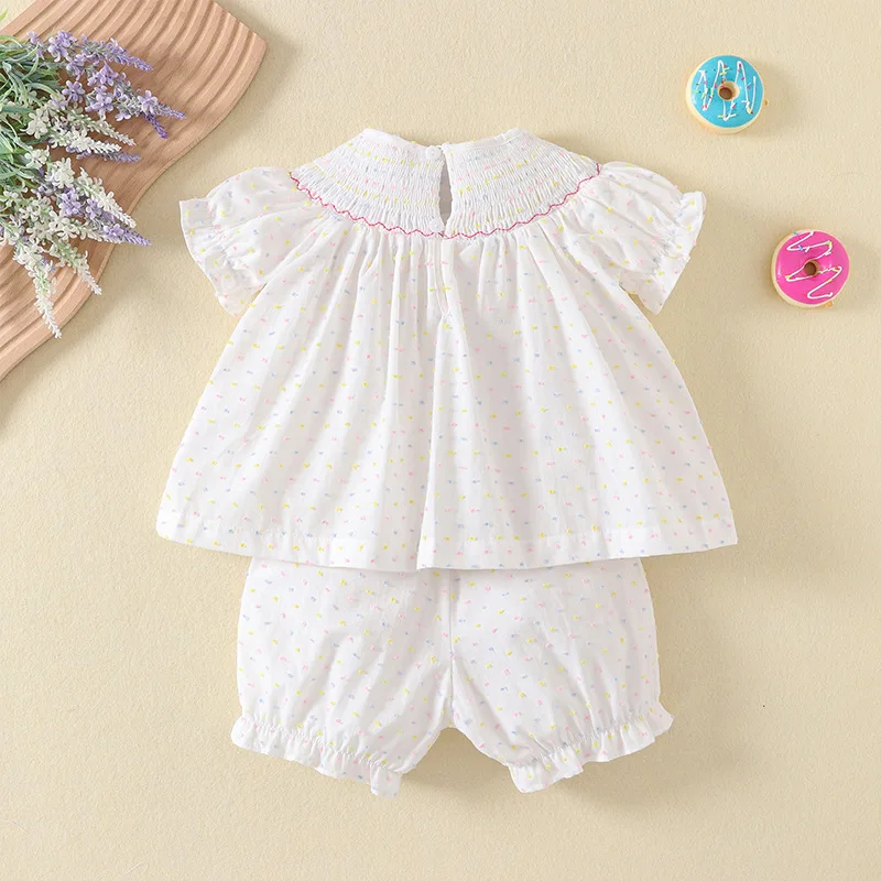 2024 Clibeso Summer Kids Baby Girls Short Sleeve Sets Smocked Dress Cake Made Hand Smocking Children Clothes Shirt Top And Pants