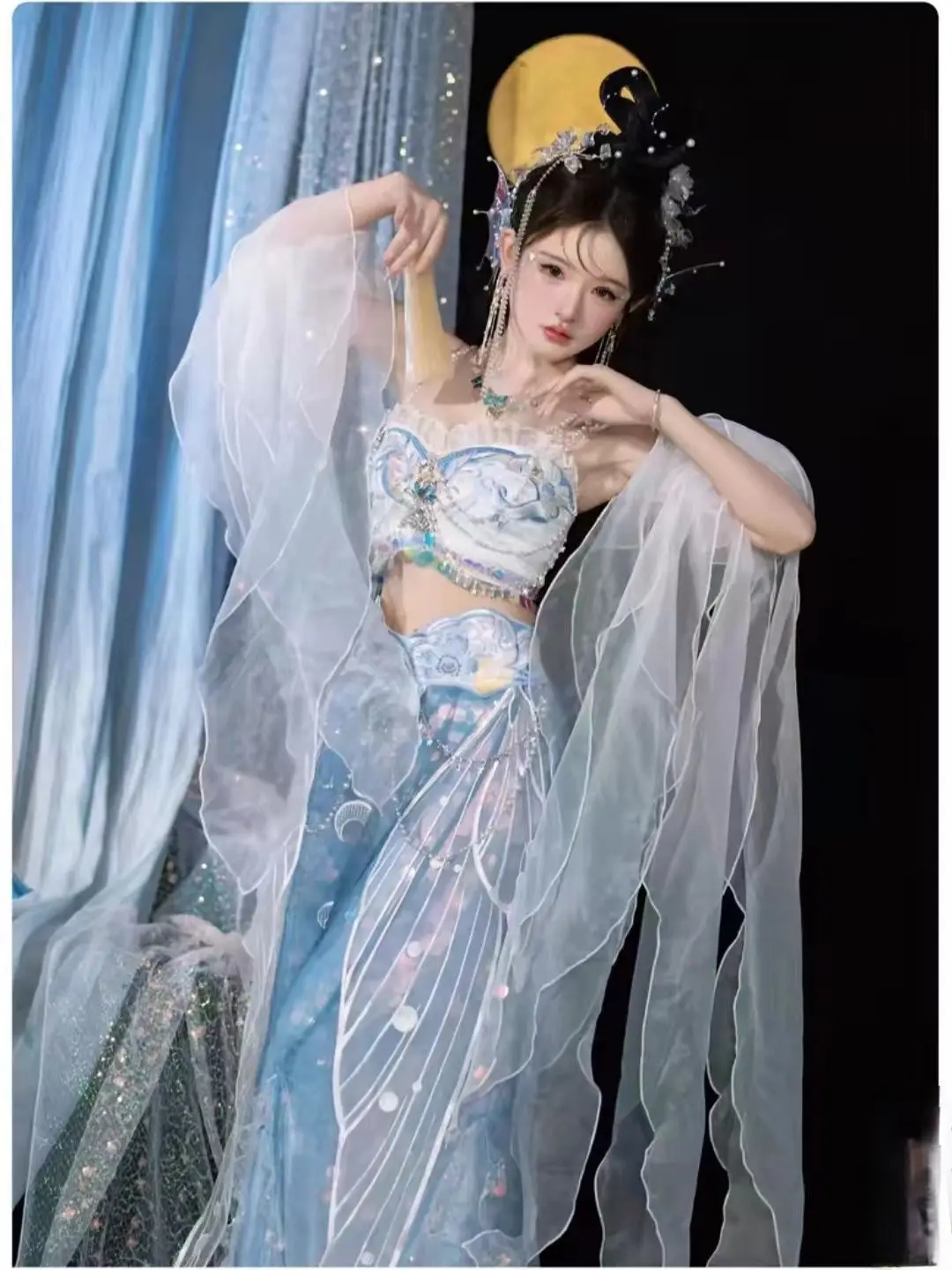 Yunjian Shanze[Bright moon on the sea]Blue dress style dress, strapless lower skirt, split style dress