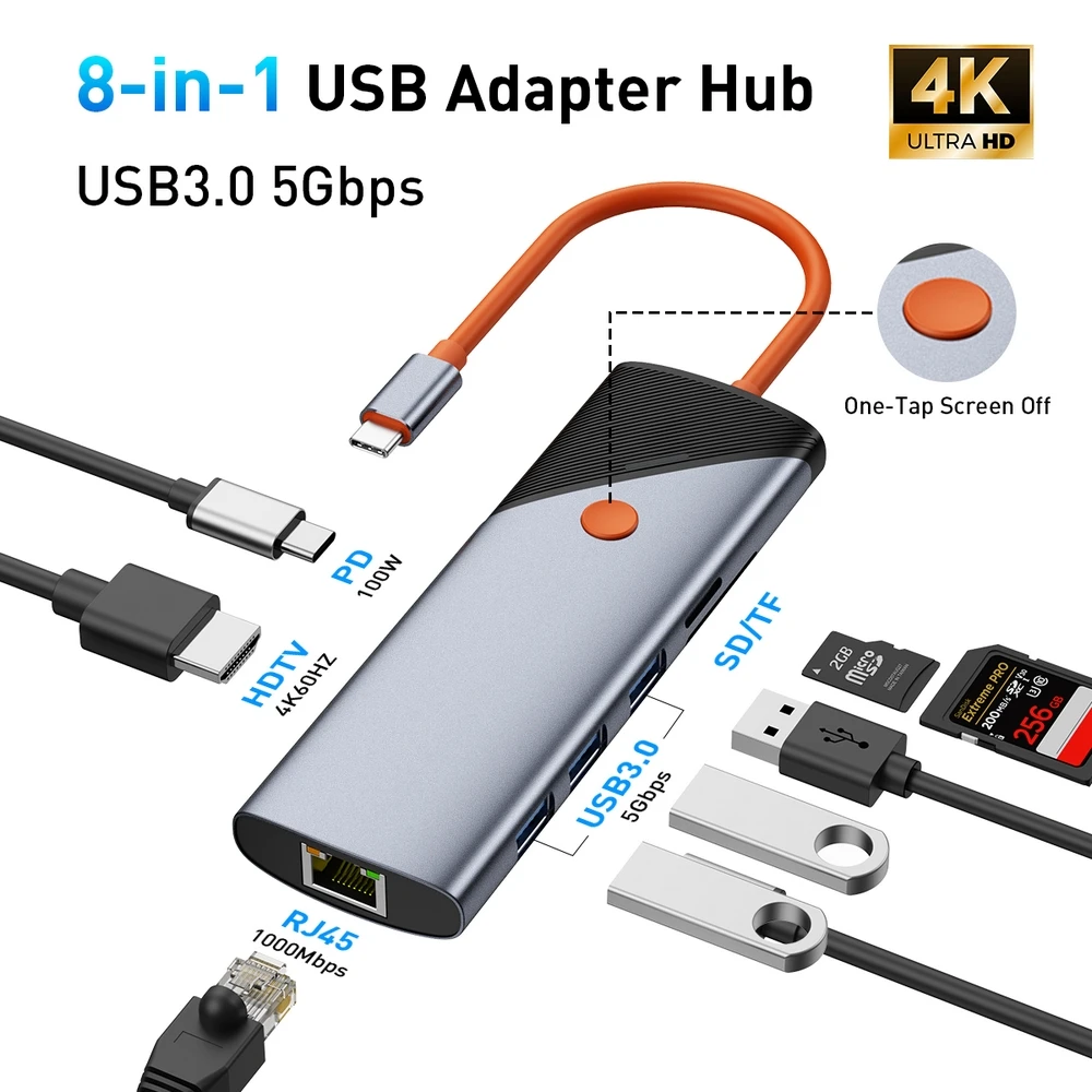 8-in-1 USB-C Hub, 4K 60Hz HDTV, Gigabit RJ45 Ethernet 1000Mbps, 3 USB 3.0 5Gbps, SD TF Card Reader, PD Charging