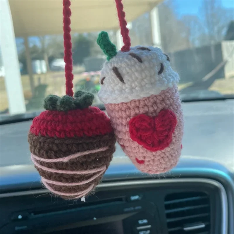 Pure handmade knitting carton cute Strawberry Ice cream car rearview mirror decoration accessory pendant Cross-border sales