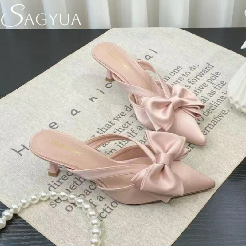 

Bow Women High Heels Slippers Pointed Toe SandalsSexy Mules Shoes 2025 Trend Designer Woman Pumps Summer Dress Sandalias Mujer