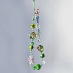 Green Phone Charm Strap Pink Sweet Flower Glass Star Beads Lanyard Keychain For Girl Women Schoolbag Camera Decor Gift Jewelry