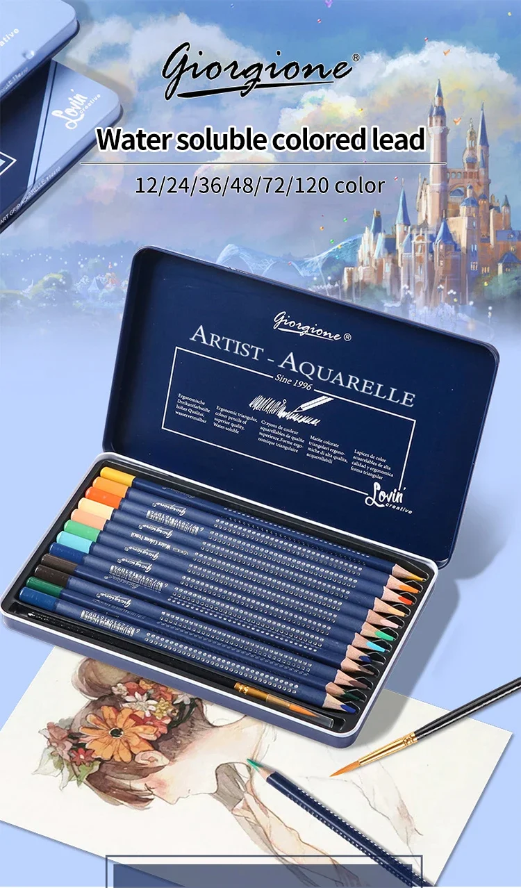Professionelles Aquarellstift-Set 12/24/36/48/72/120 Farbige Wasserlösliche Zeichenstifte mit Feinem Pinsel Kunstbedarf – Detail 1