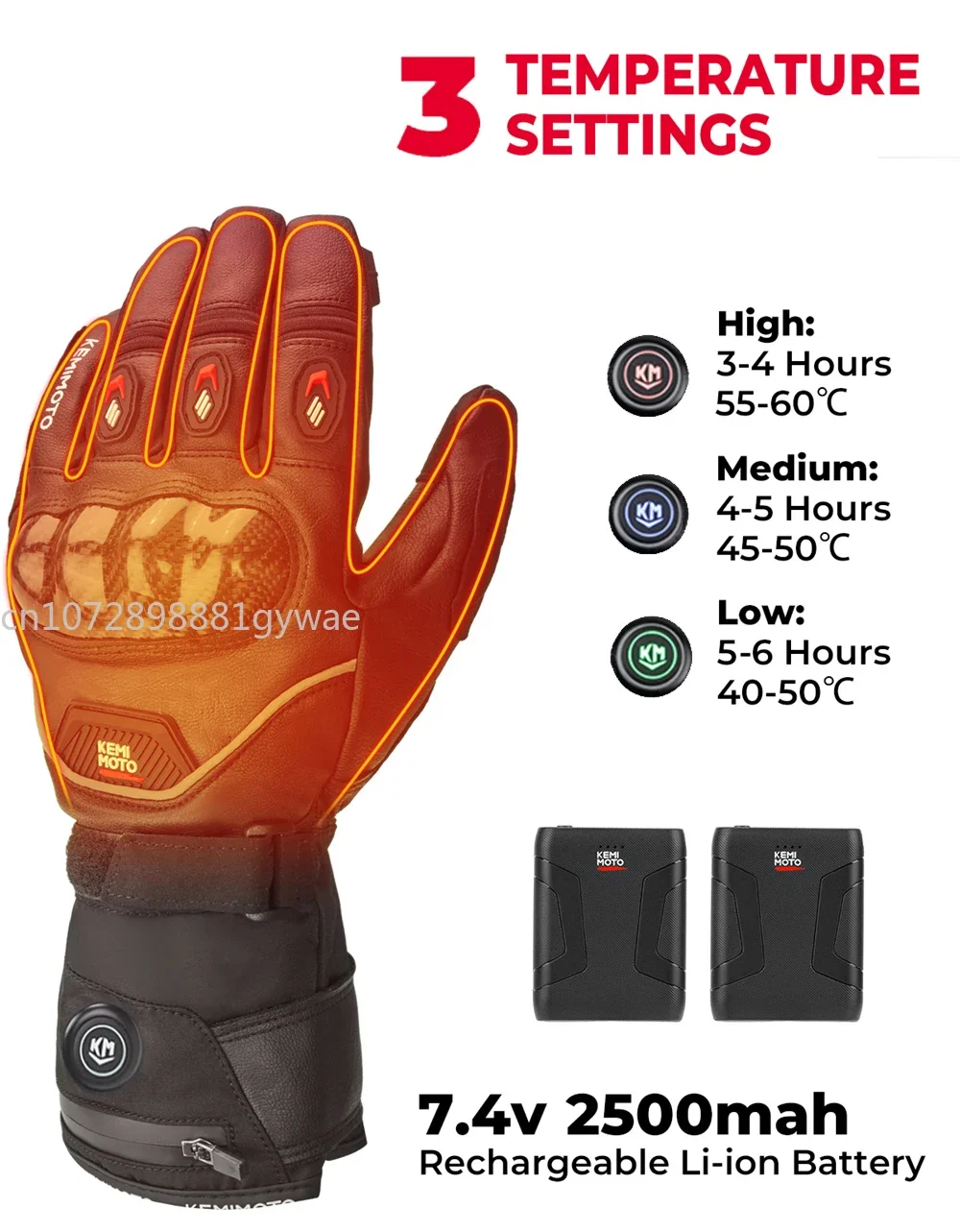 KEMIMOTO CE 2KP Leather Heated Moto Gloves Winter Motorcycle Waterproof Touch Screen Ski Camping Heated Gloves Battery Motorbike