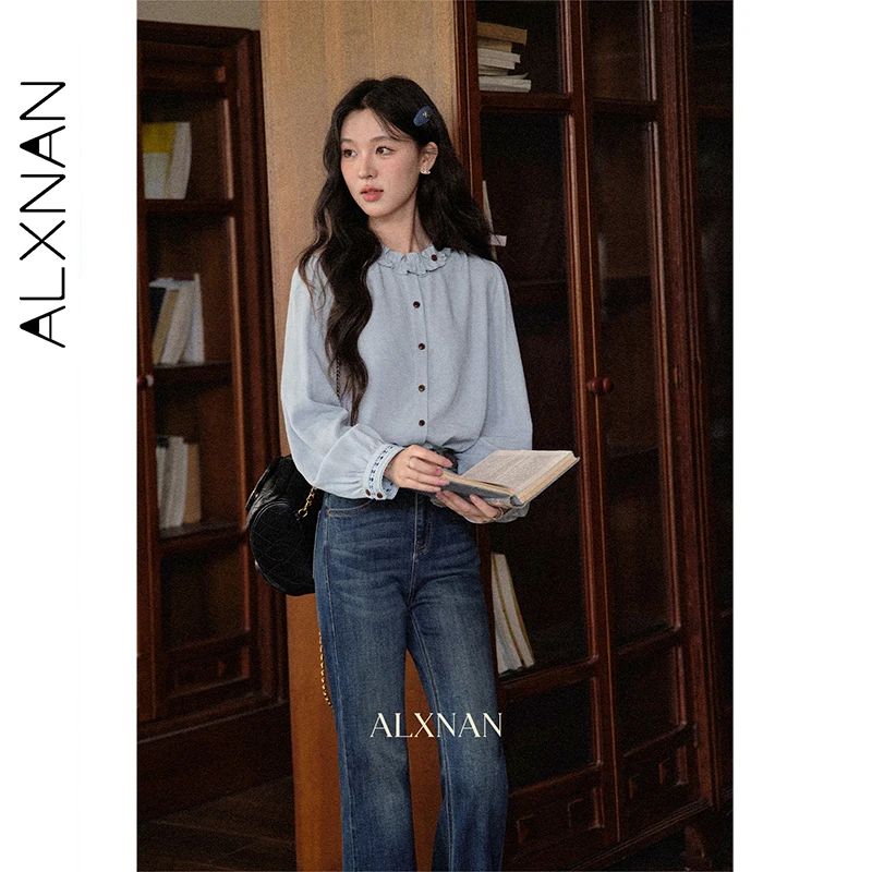 ALXNAN Women's Apricot Shirts Ruffle Trim Round Neck Hollow Out Sleeve Cuffs Blouse New Versatile Fashion Ladies Tops L569166-1