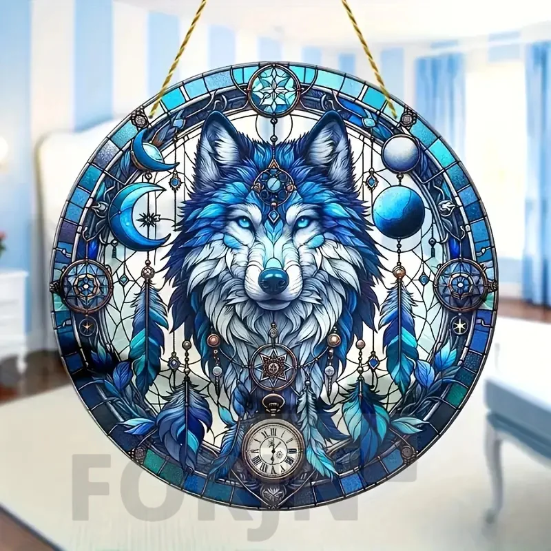 Snow Wolf Suncatcher,round Acrylic Translucent Stained Window Hanging,Holiday Gift,Office,Garden,Club,Man Cave,Spooky Home Decor
