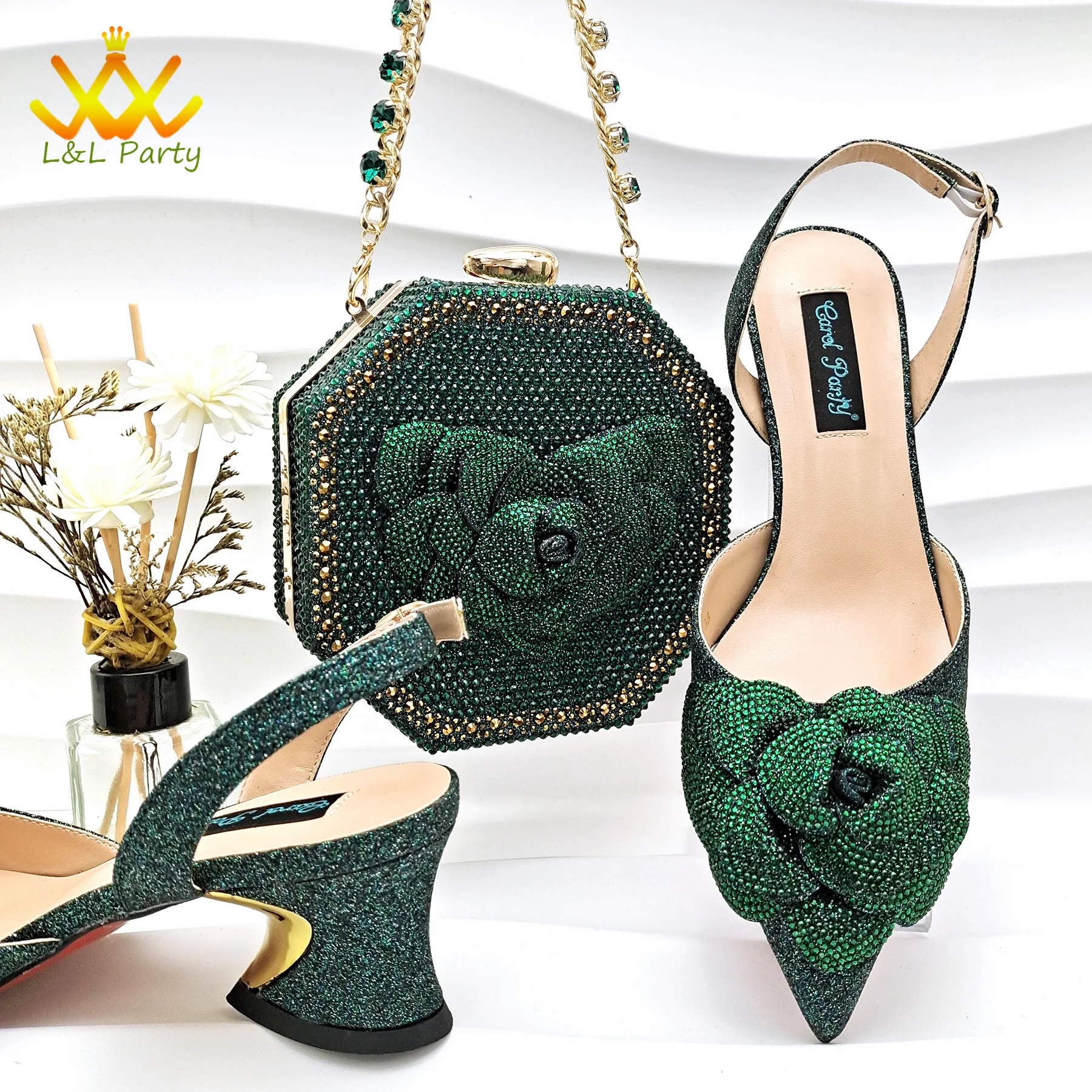 Face Book Hot Sale 2024 Wedding Newest Design Italian Women Shoes and Bag in Green Color for Garden Party