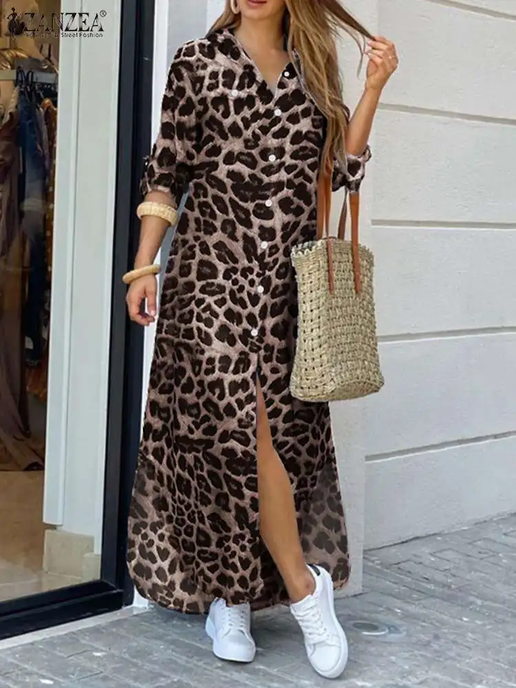 ZANZEA Women Leopard Print Dress Summer Autumn 2023 Half Sleeve Robe Split Sexy Long  Midi Shirt  Evening Dress Female Vestidos