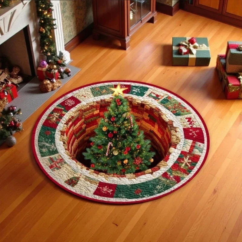 Weihnachtliche Schlafzimmerdekoration Runder Waschbarer Teppich 2D-Simulation Teppiche für Schlafzimmer Waschbare Studierzimmer-Bodenmatte Rutschfester Weicher Bettvorleger