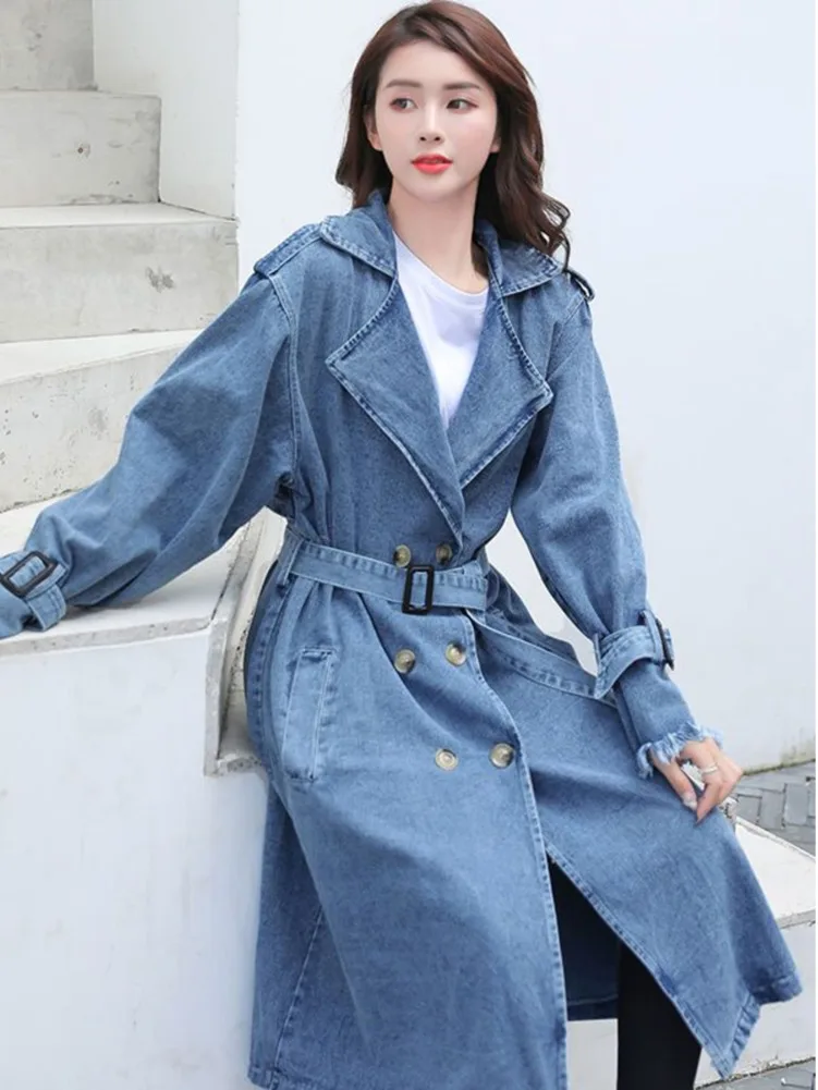 Manteau semi-long en denim bleu avec ceinture pour femme, coupe-vent effiloché, manches longues, vintage, décontracté, printemps, automne, 2023