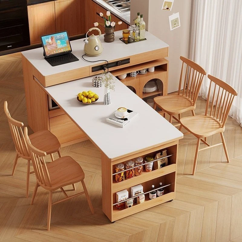 

Wooden house solid wood island retractable dining table integrated household log cream wind rock slab