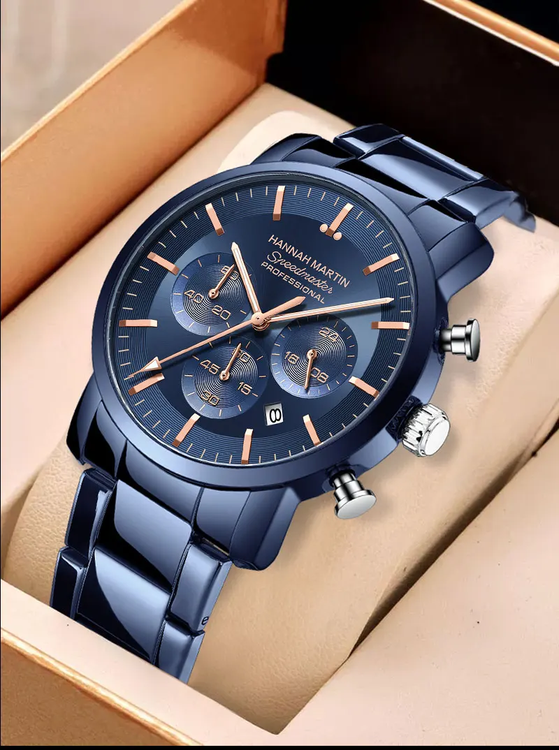 2024 neue multifunktionale Uhr Hannah Martin Marke 46 mm Blau Silber Edelstahl Freizeit Quarz Timing Uhr Kostenloser Versand – Detail 6
