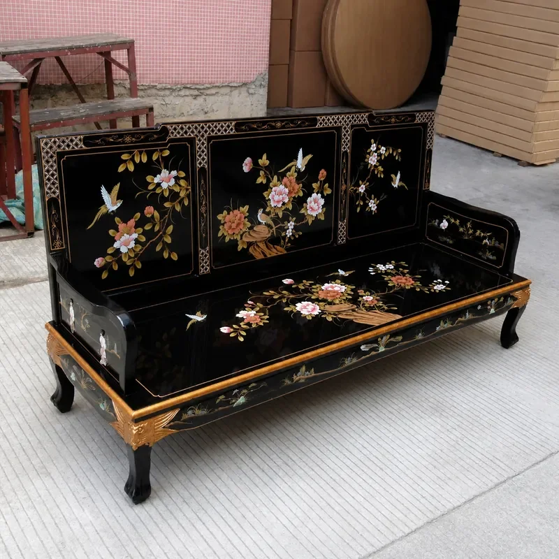 Solid Wood Three Seater Sofa Bright Baking Paint Snail Inlaid Lacquer Single Armchair Shell Furniture
