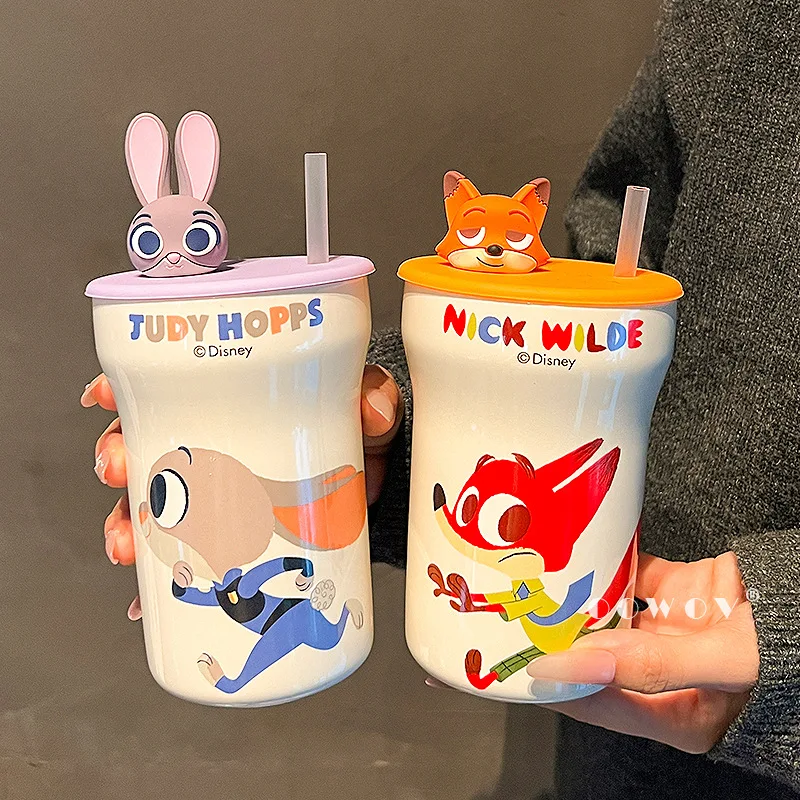 

540ML Zootopia Judy Hopps Nick Wilde Ceramic Mug with Lid Straw Cartoon Cute Home Water Cup Gift