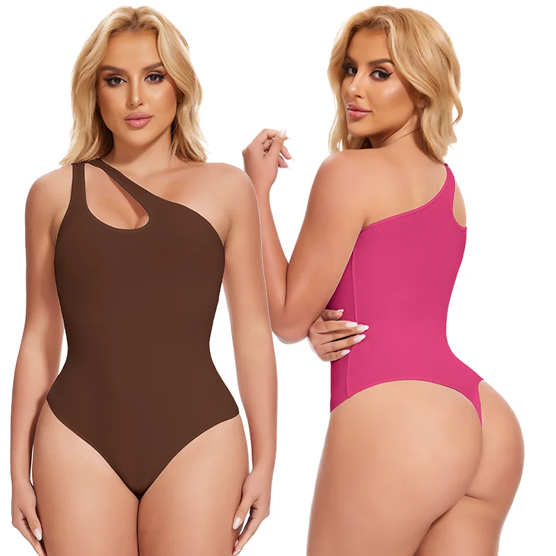 Women Sloping One-shoulder Bodysuit Hollow Out Ribbed Shapewear Butt Lifter Tummy Control Body Shaper Slimming Thong Sexy Corset