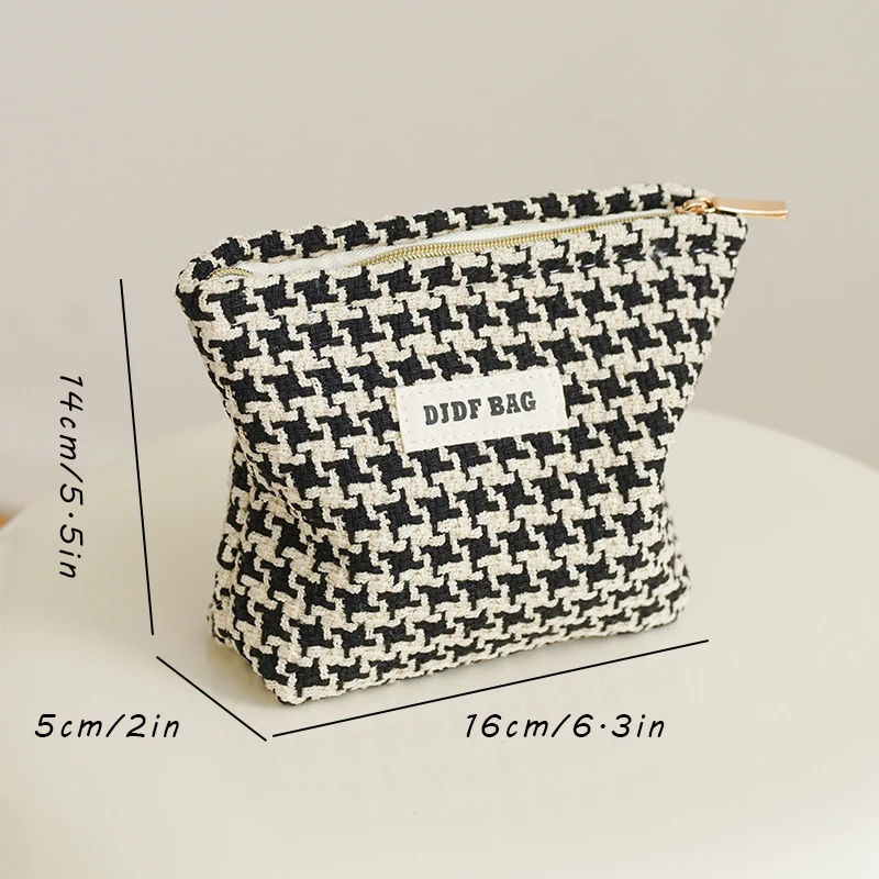 DJDF Black & White Houndstooth Women\'s Cosmetic Bag Small Soft Canvas Portable Storage Bag Portable Toiletry Bag Coin Purse Ins