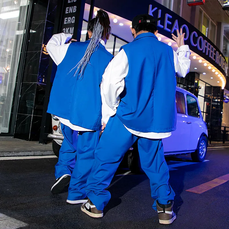 K-pop Mädchen Kleidung Jazz Dance Anzüge Streetwear Hemd Blaue Weste Hosen Set Hip-hop Runway Zeigen outfits Coole Kleidung für Jungen