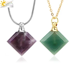 CSJA Natural Stone Perfume Necklace Rhombus Shape Crystal Pendant Essential Oil Bottle Stailess Steel Chain Necklaces H417