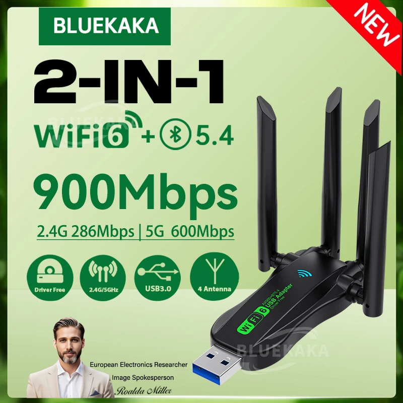 

New 2in1 WiFi6 Network Card 2.4G&5GHz BT5.4 Wi-Fi Dongle AX900Mbps Wireless Antennas Receiver Driver Free For PC Laptop Win10/11