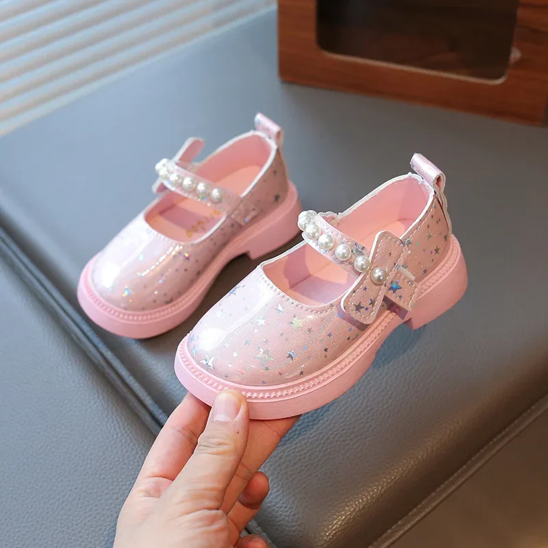 2025 Shoes NewGirls Leather Shoes for Party Wedding Kids Princess Rhinestones Shoes with Bow-knot Fashion Children