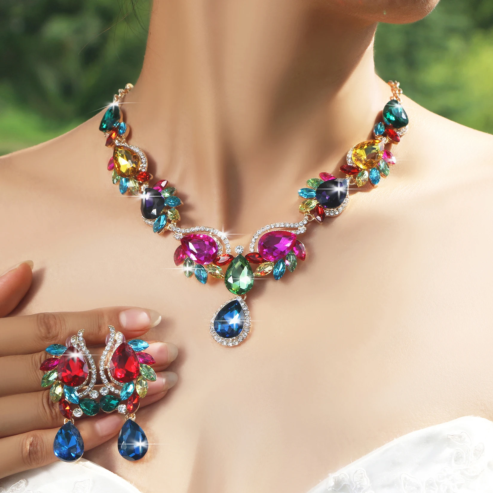 

Новый набор разноцветных ожерелий и серег, роскошные свадебные аксессуары, комплект из двух предметов свадебных украшений