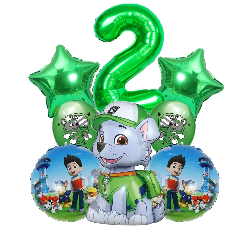8pcs Paw Patrol Rocky Birthday Balloon Set Green Number 0-9 Star Foil Latex Balloons for Birthday Party Decor Supplies - view 2