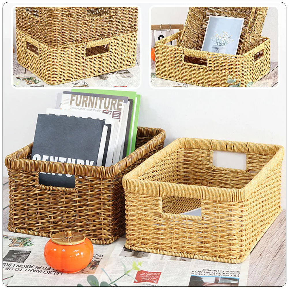 

Imitation Rattan Woven Storage Basket Hollow Handle Decorative Organizer Large Capacity Household Sundries Holder Desktop