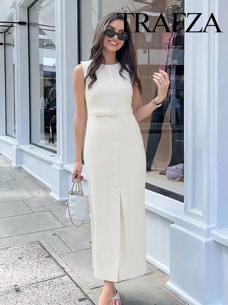 

HH Women New Fashion Crew Neck Single Breasted Belt Decorated Dress Female Temperament High Waist Slim Sleeveless Long Dress