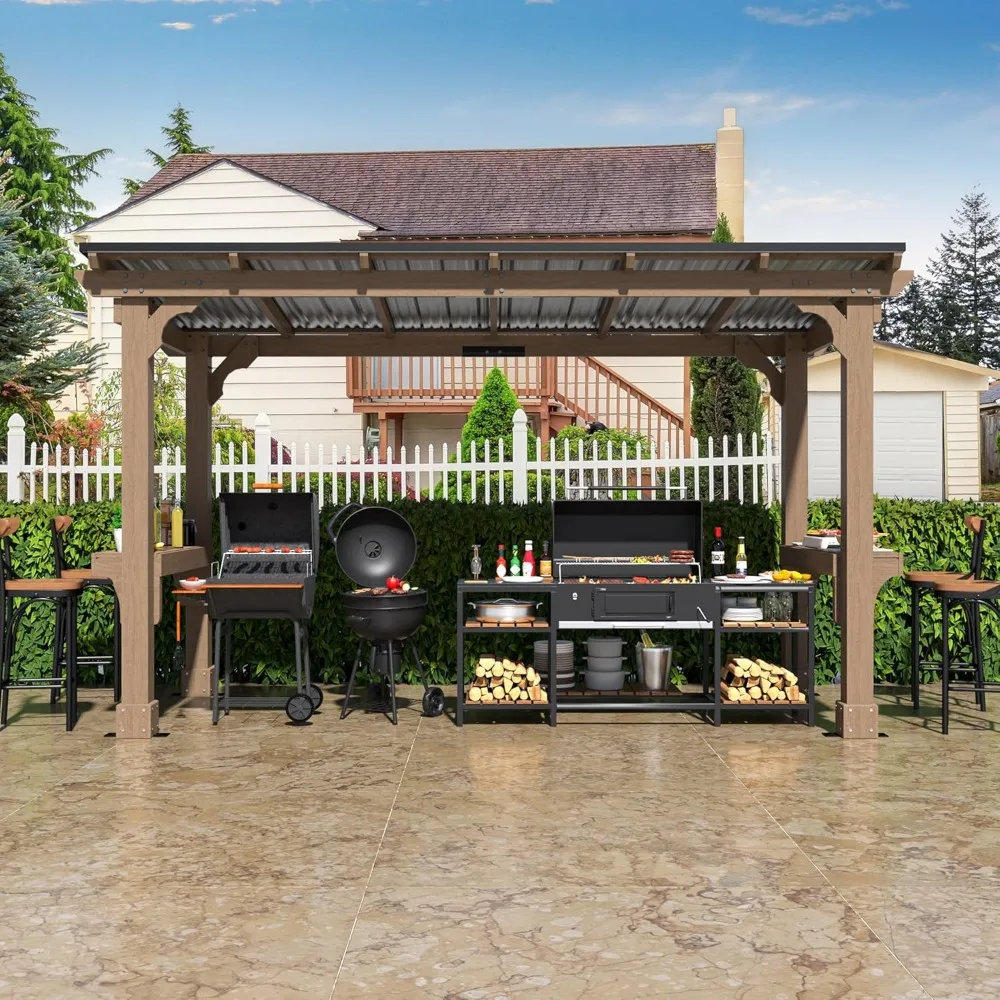 

6’x13’ BBQ Grill Gazebo Shelter with Galvanized Steel Roof, Cedar Frame, Patio Gazebo for Barbecue, Backyard, Garden, Light Moc