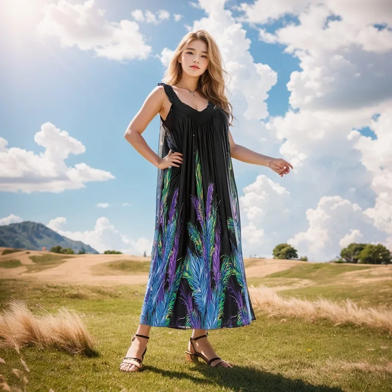 

Large size women's clothing can wear black background feathers loose V-neck dress women's fashion simple and elegant temperament