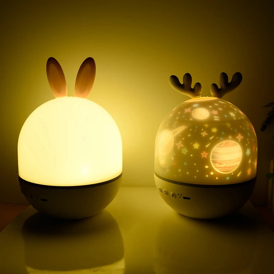 Deer Music Projector Lamp Night Light With BT Speaker Starry Sky Star Rotate Bedroom Wall Decoration Rechargeable Bedside Lamp