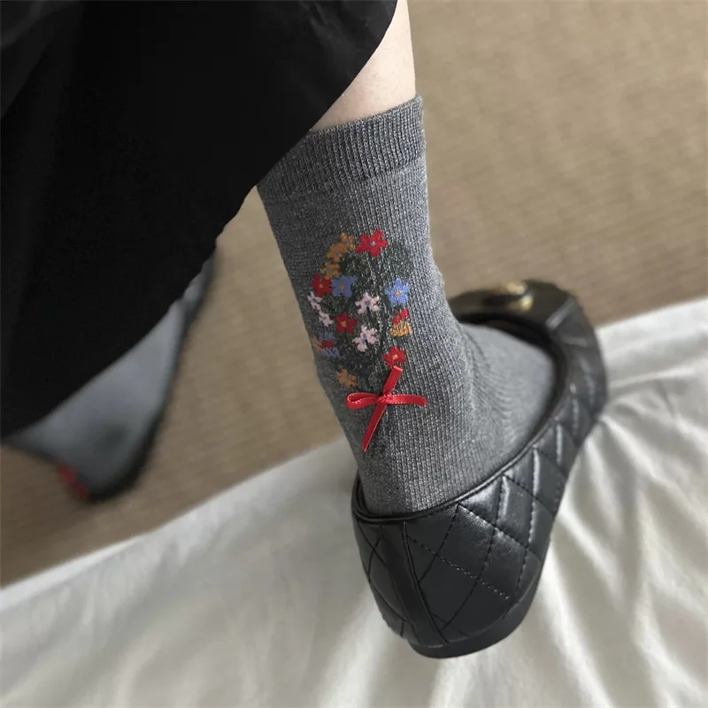 Socks Women Pastoral Floral Bow Ladies Socks Korean Vintage Slouch Hosiery Breathable Mesh Mid Calf Ins Trendy Socks For Girls