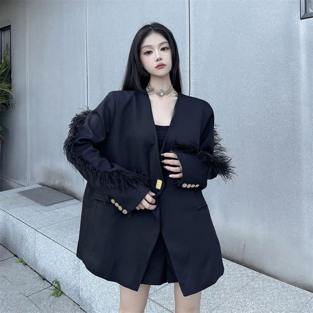 Woman Suit Jacket Vintage V-collar Feather Tassel Splice Blazer Coat Black Loose Female Long Sleeve Fur Patchwork Outerwear Lady