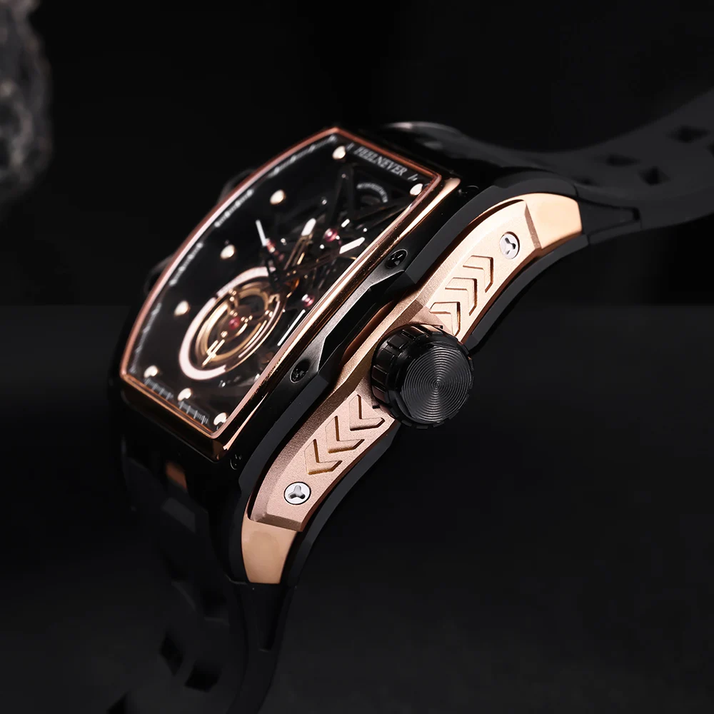 

FEELNEVER Роскошные автоматические мужские часы Япония MIYOTA Механизм 50 м Водонепроницаемые полые наручные часы Tonneau Механические часы для мужчин