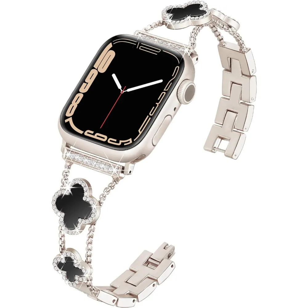 Shiny metal watch strap for Apple Watch Women\'s 38-49mm Series 9-1 SE Ultra, cute lucky four-leaf clover