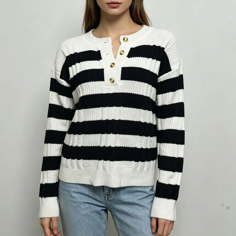 Autumn Winter Women's Striped Henley Neck Long Sleeve Pullover Sweater Soft Loose Elegant Versatile Casual Daily Wear Knit Top