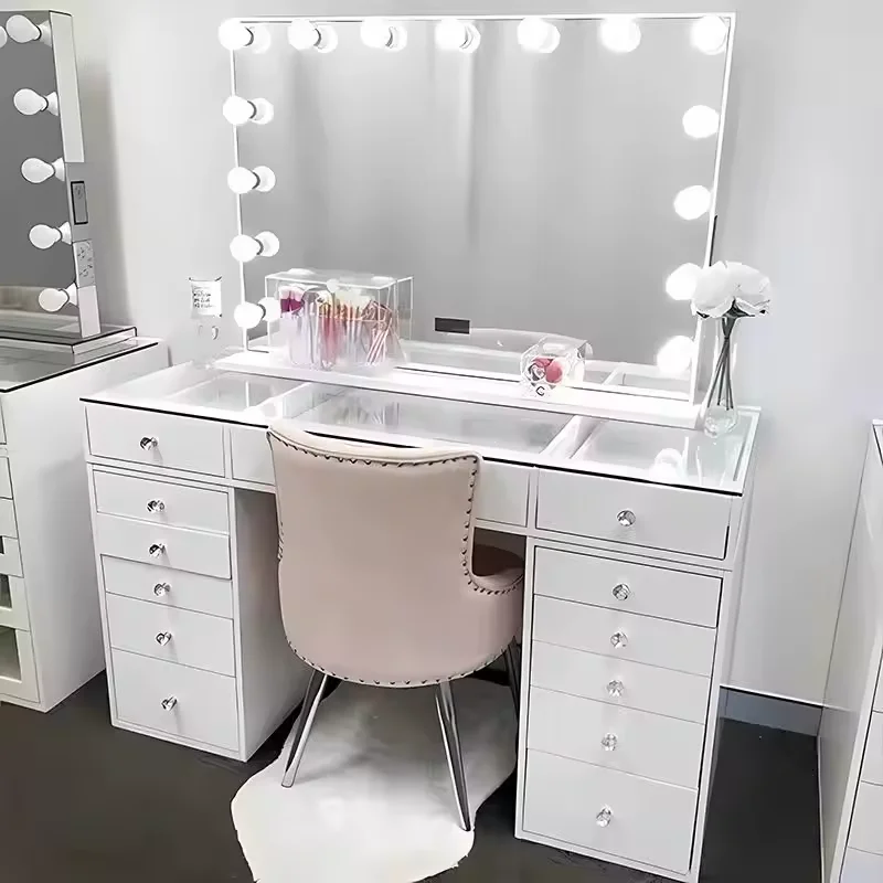 ✗x White Dressing Makeup Table Wooden Lighted Panel Dressing Makeup Table with LED Mirror and 13 Drawers for Bedroom^