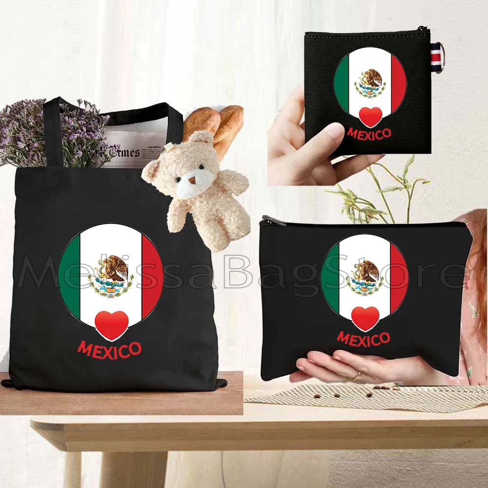 

4PCS Gifts Set Mexico Heart Flag Black Canvas Tote Bag Handbag with Doll Key Coin Purse Cosmetic Makeup Toilet Bag Case Pouch