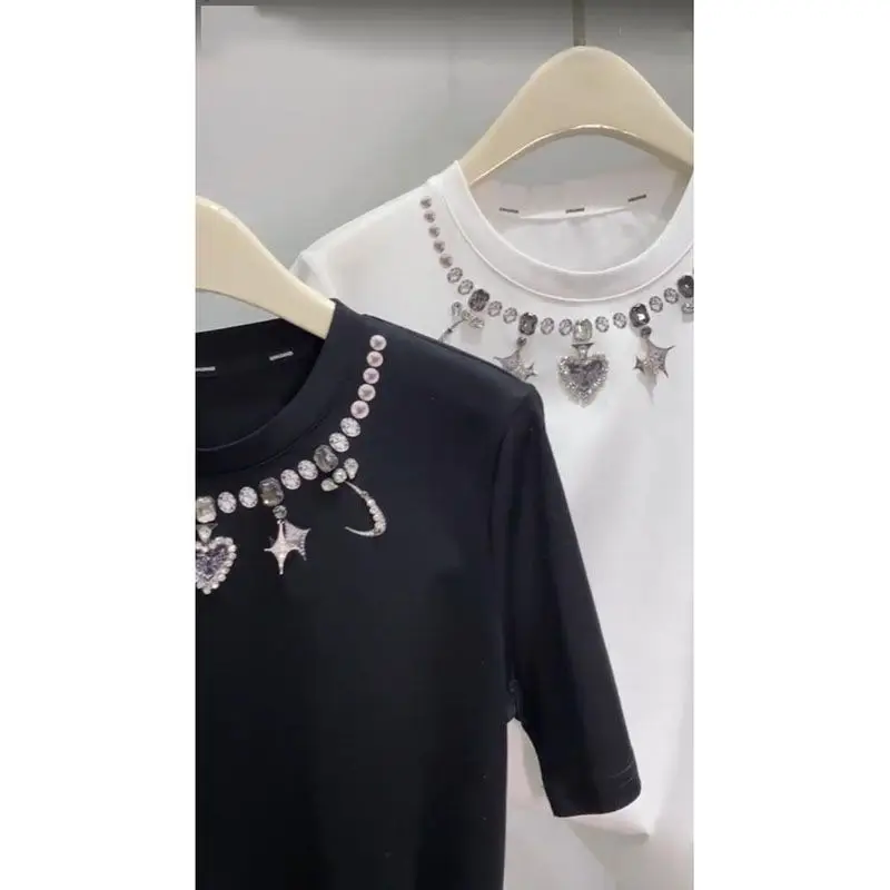 Luxury Women Stars Diamonds Beaded White Short Sleeved T-shirts  Heart Shaped Rhinestones Tees Loose O-Neck Jumpers Crop Tops