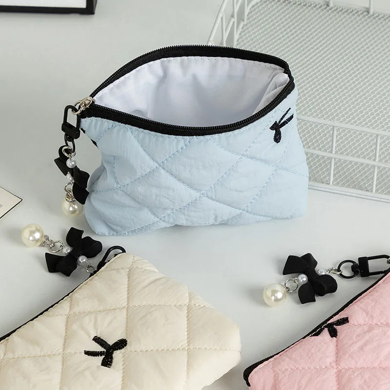 

New Bow Quilted Lipstick Organizer Pouch Women's Coin Money Case Travel Storage Earphones Data Cable Money Card Wallet