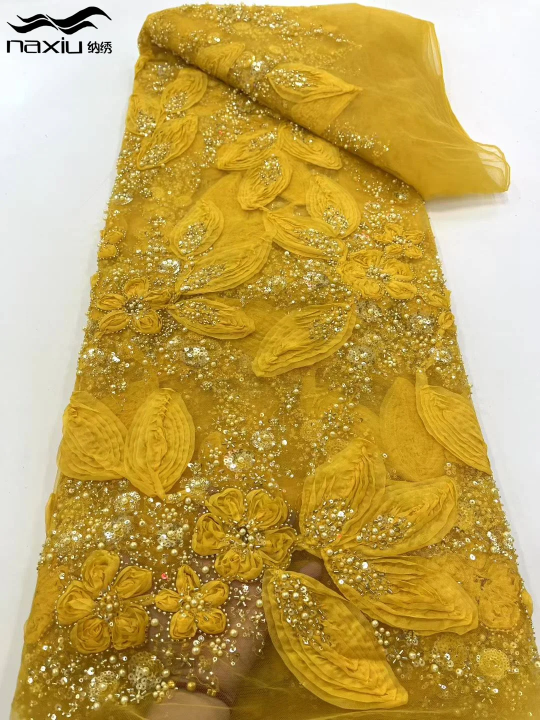 

Madison Hot Sale Exquisite Design Nigeria Handmade Embroidery Sequins Net Lace With Bead Top Quality For Party Evening Dress