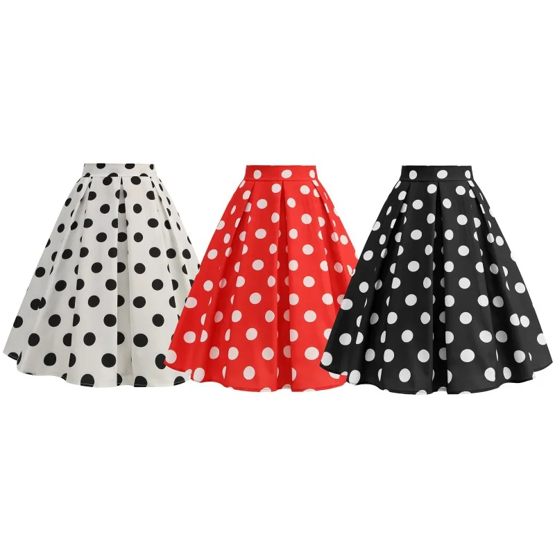 50s 60s Hepburn Style Vintage Polka Dot Printed Party Swing Skirts Women Elegant Retro High Waist Casual A-Line Midi Skirts