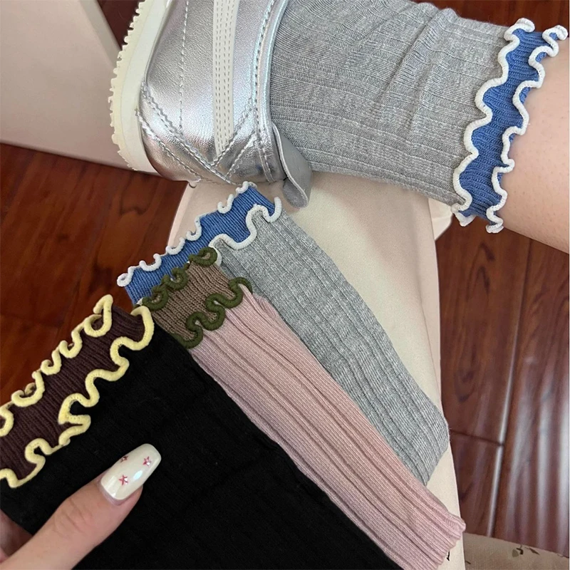 Women Short Ruffle Socks Girls Ankle Socks Solid Candy Color Casual Thin Breathable Japanese Style Fashion Cotton Socks