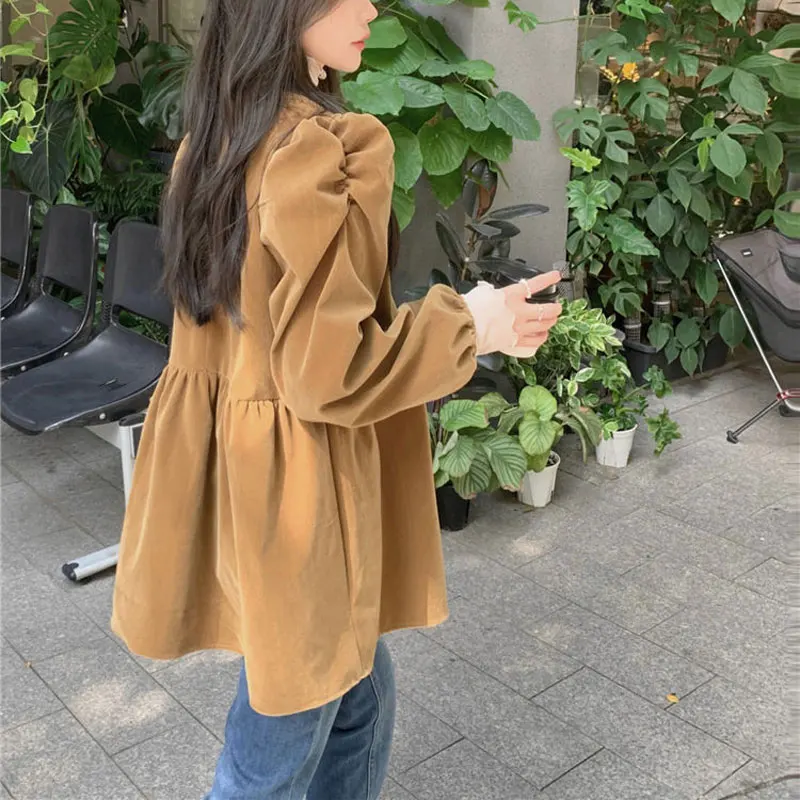 Franse stijl vintage blouse dameskleding mode pofmouwen herfst winter effen kleur basic Aura plooien los shirt met O-hals