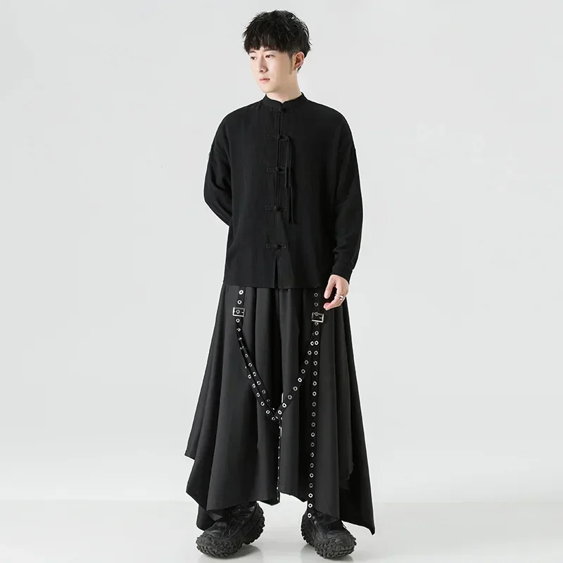 Male Women Chinese Style Streetwear Punk Gothic Harem Trousers Men Kimono Skirt Pants 2025 Men Ribbon Black Wide Leg Pants
